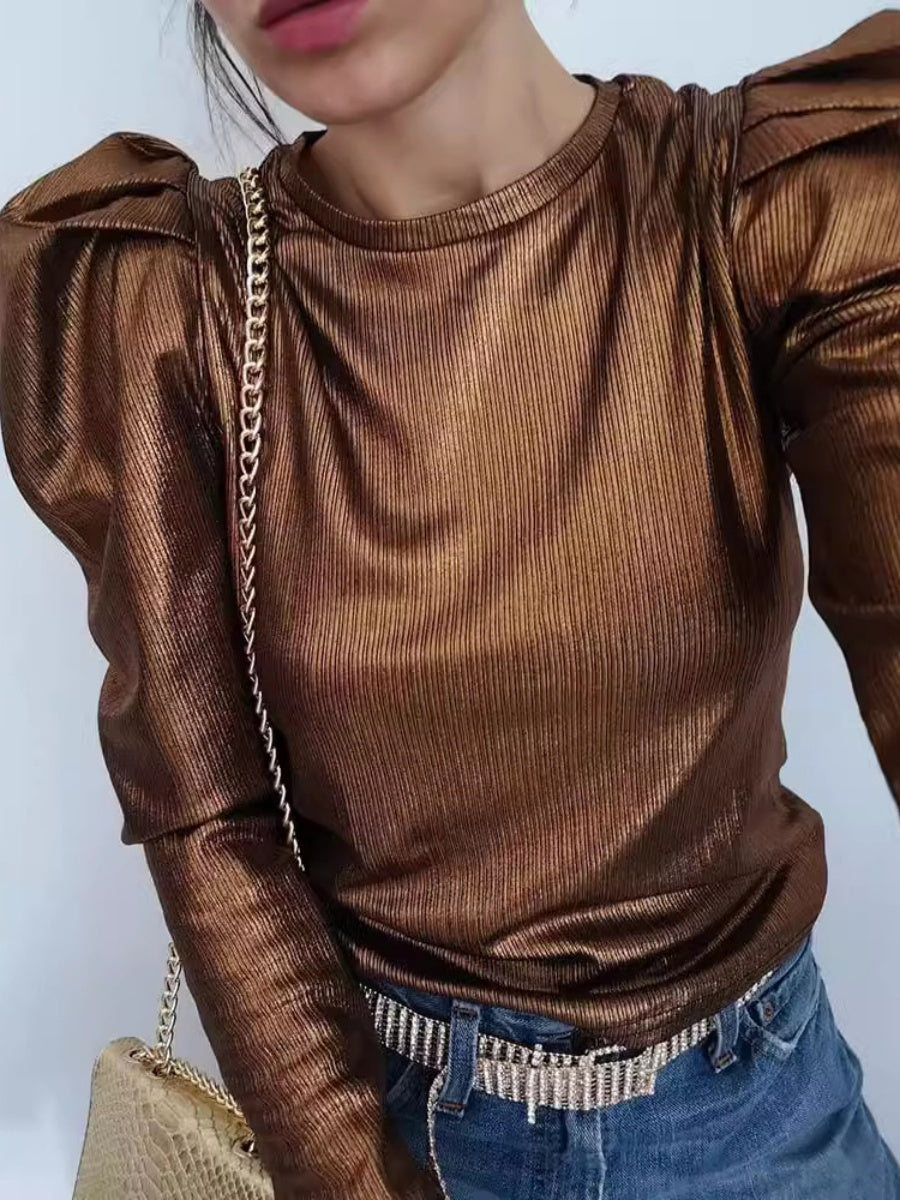 Hot Stamping Bright Colors Leg Of Mutton Sleeves Long Sleeve T-shirts