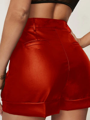 PU Leather High Curls And Pleats At The Hem Sexy Shorts