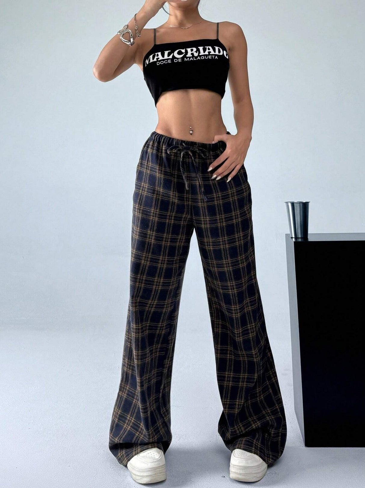 Plaid Lace-up Elastic Waist Straight-leg Pants Casual Christmas Everyday Pants