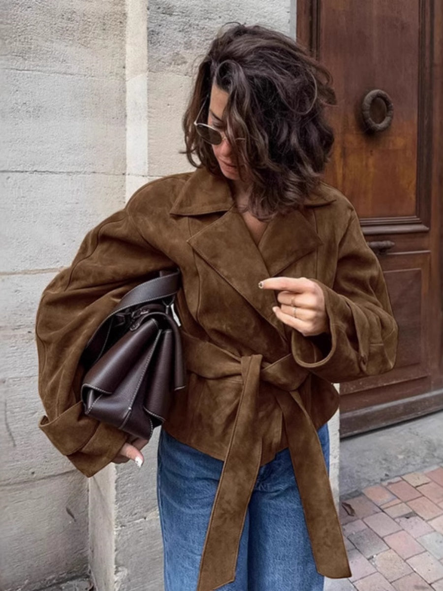 Short Suede Lapel Lace-up Coat