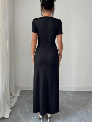 V-neck Cross Metal Buckle Pleated Slit Maxi Dresses