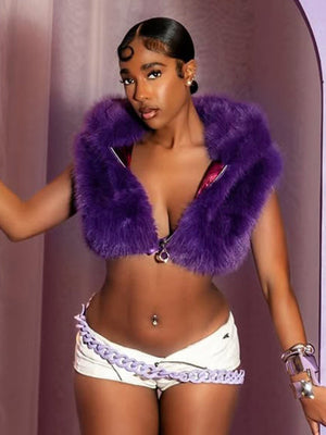 Faux Fur Zipper Hood Sleeveless Cropped Top Vest