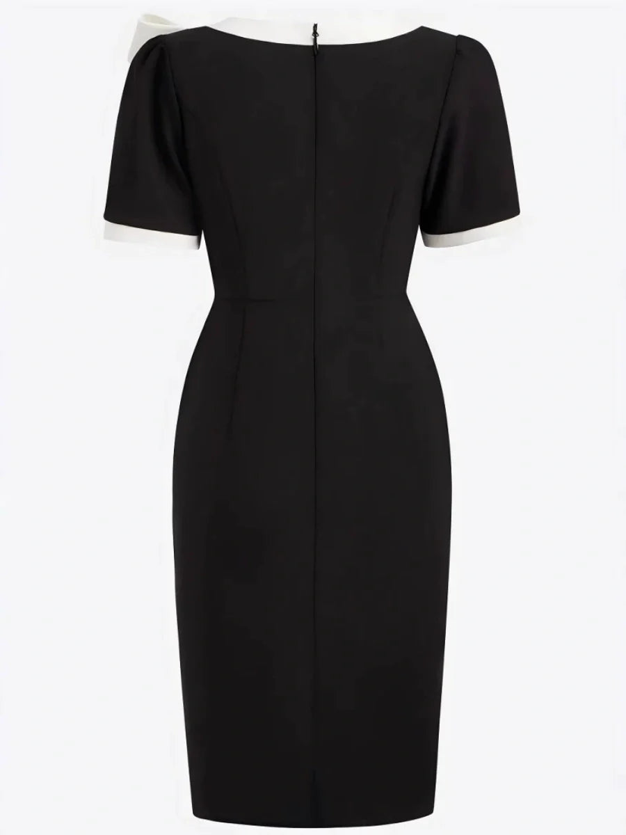 Crew Neck Bow Contrasting Colors Slim Fit Banquet Formal Dress For The Workplace Midi Dresses