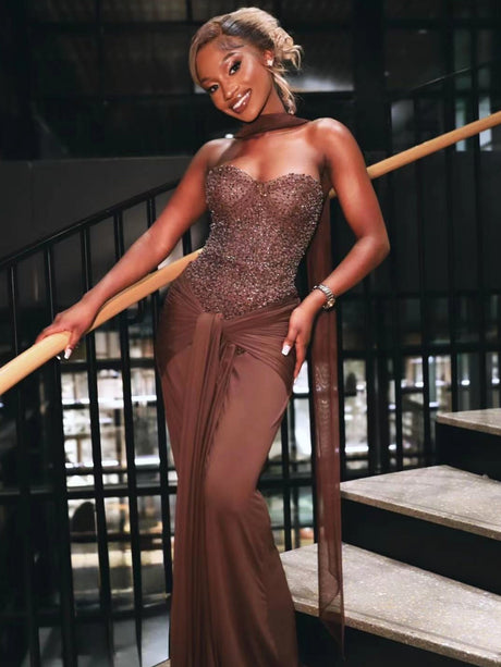 Sequined Strapless Top Splicing Pleated Straps Waist-cinching And Hip-hugging Maxi Dresses