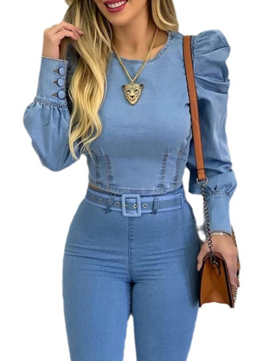 Puff Sleeves Long Sleeve Denim T-shirt