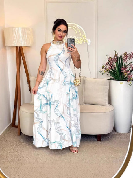 Printed Halter Waist Vacation Temperament Maxi Dresses