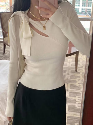 Wool Shoulder Strap Bow Openwork Asymmetrical Neck Long-sleeved Sweater