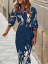 Wrap-up Shirt Collar Lace Up Printed Maxi Dresses