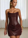 Strapless Off-shoulder PU Leather High Waist Pleated Thin Strap Parties Nightclub Herringbone Trim Short Dress