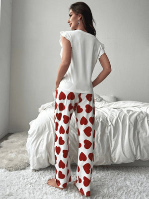 Heart-print Ruffled Sleeve Trousers Set That Can Be Worn As Loungewear