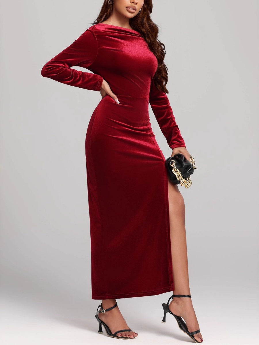 Off-shoulder Velvet Pleated High Slit Long Dress