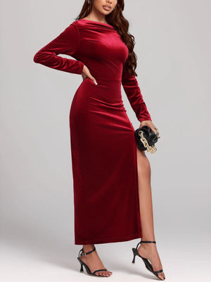 Off-shoulder Velvet Pleated High Slit Long Dress