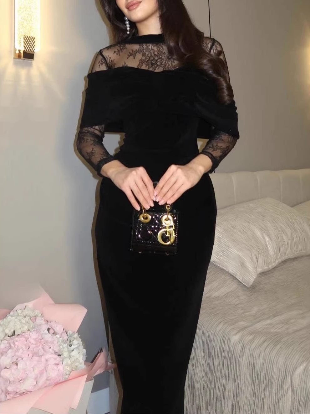 Black Velvet Shawl Fitted Lace Long Dress