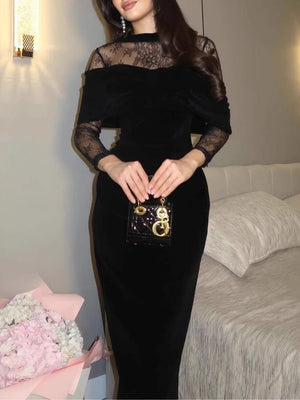 Black Velvet Shawl Fitted Lace Long Dress