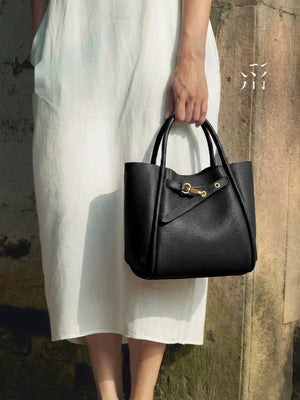 Straightforward Small Rice Basket, Vegetable Tanned Top Grain Cowhide Leather Commuter Summer Handbag, Water Bucket, Women's Tote Bag
