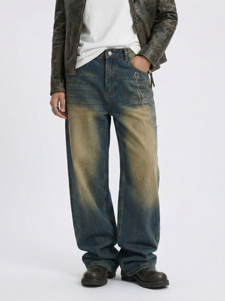 Retro Distressed Diamond Chain Jeans