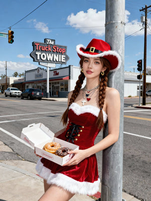Christmas Red Plush Dress And Denim Hat 2-piece Sets