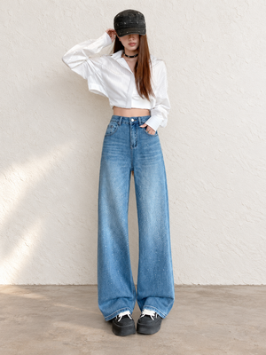 Women's Blue Straight Leg Jeans With Rhinestones For Autumn/Winter