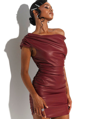 PU Leather Asymmetrical Collar Knot Pleated Hip Wrap Mini&Short Dresses