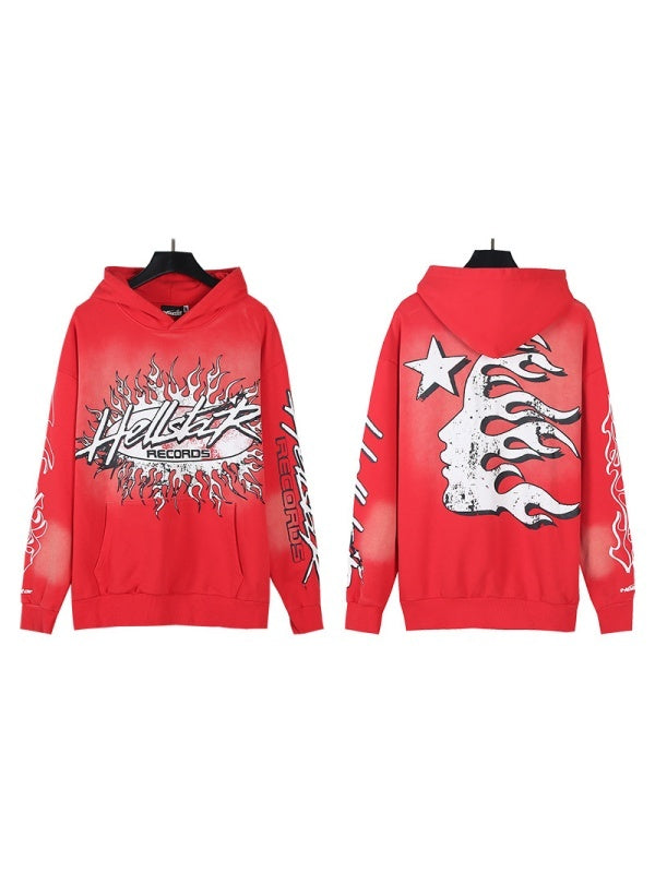 Washing Water Old Printed Hooded Sweatshirt Trousers Set