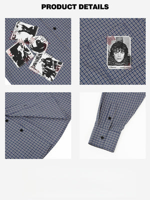 Retro Portrait Appliqué Embroidery Plaid Cleanfit Loose Shirts