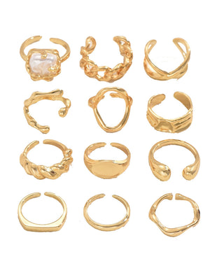Ensemble de 12 bagues à ouverture réglable et design géométrique