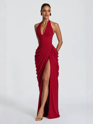Halter Neck Pleated High Slit Long Dress