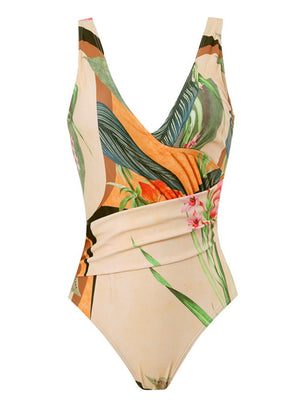 One-piece Swimsuit With Cross-over Print, Revealing Backpack And Hip-revealing Long Skirt (two-piece Set)
