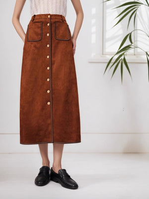 A-shaped Splicing Suede Retro Single-breasted Decoration Daily Workplace Skirt