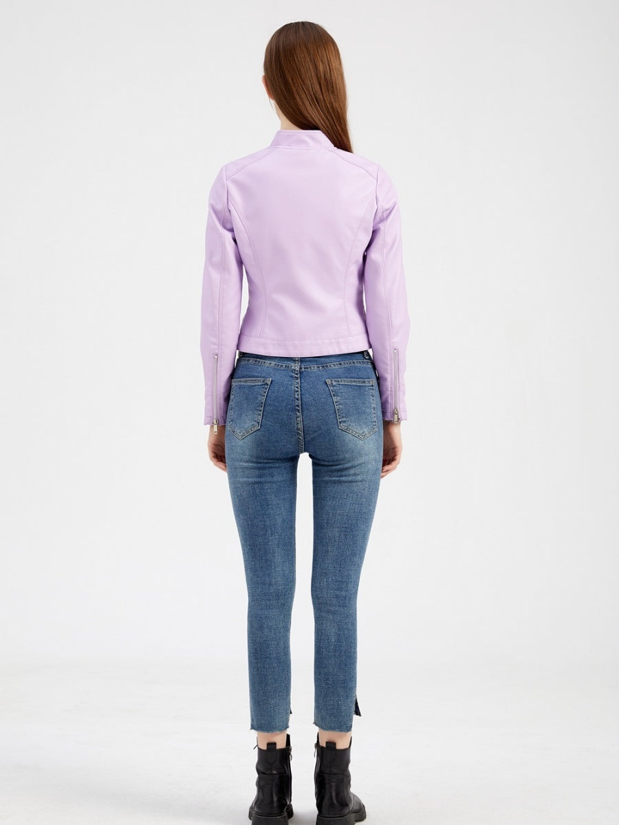 Three-dimensional Decoration Short Stand Collar Zippered Leather Jacket