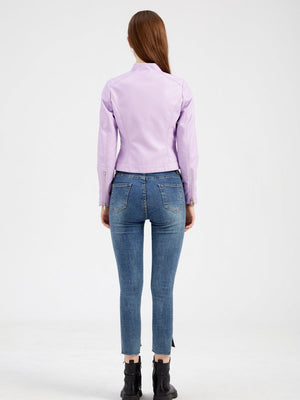 Three-dimensional Decoration Short Stand Collar Zippered Leather Jacket