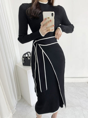 Autumn/Winter Retro Niche High-Neck Slim Fit Elegant Color Block Mid-Length Tie-Waist Knit Dress
