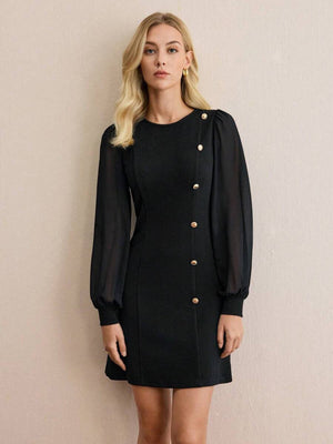 Pullover Crew Neck Splicing Fasteners Slim Fit Slimming Long Sleeve Workplace Casual Short Dress