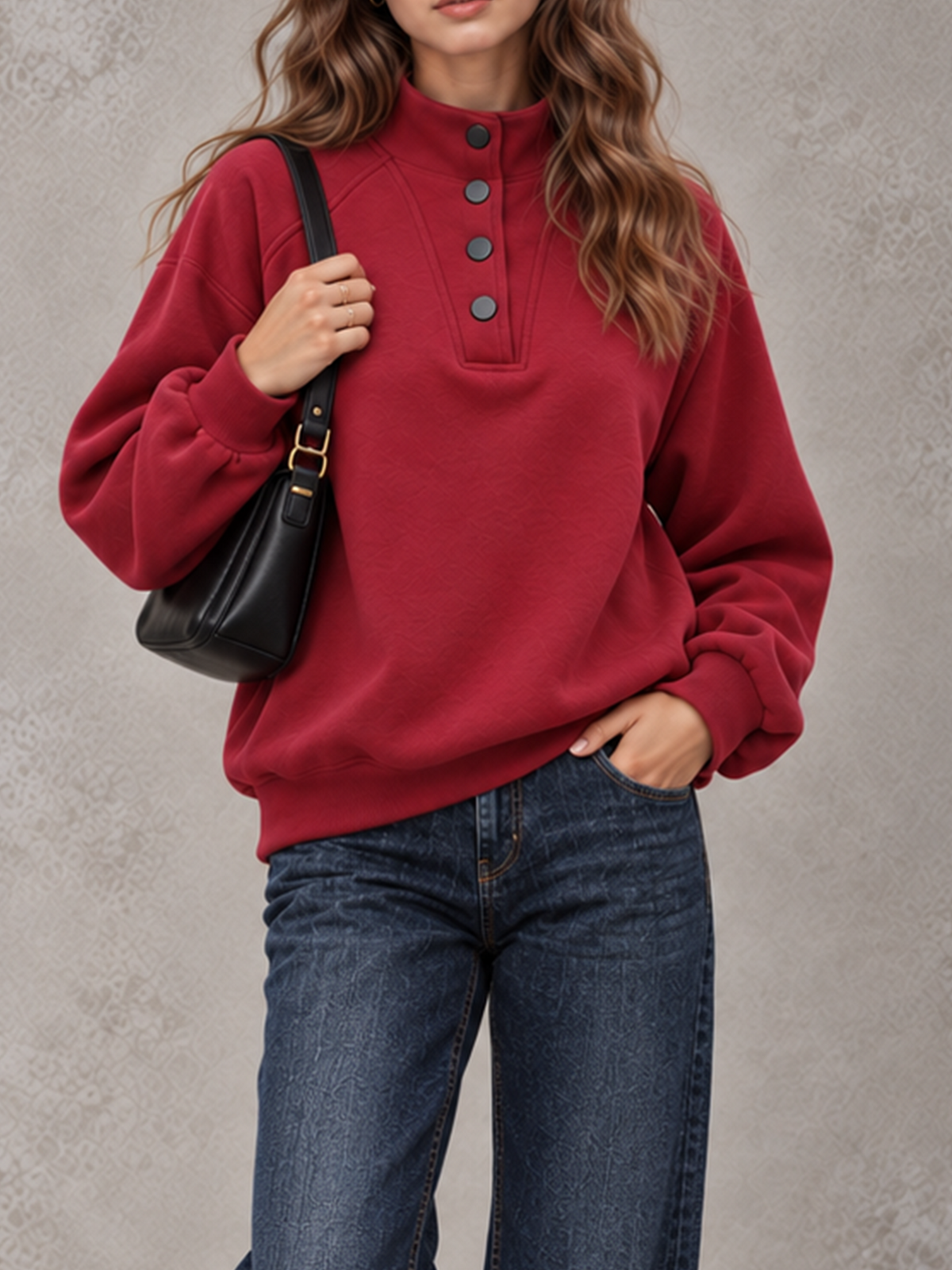 Women's Autumn/Winter Solid Color Stand Collar Button-Up Long Sleeve Sweatshirt
