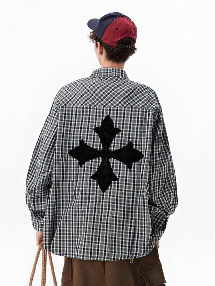 Liber Autumn Neutral wear Appliqué embroidery Plaid Shirts