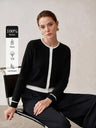 100% Wool Color Block Crew Neck Knit Cardigan