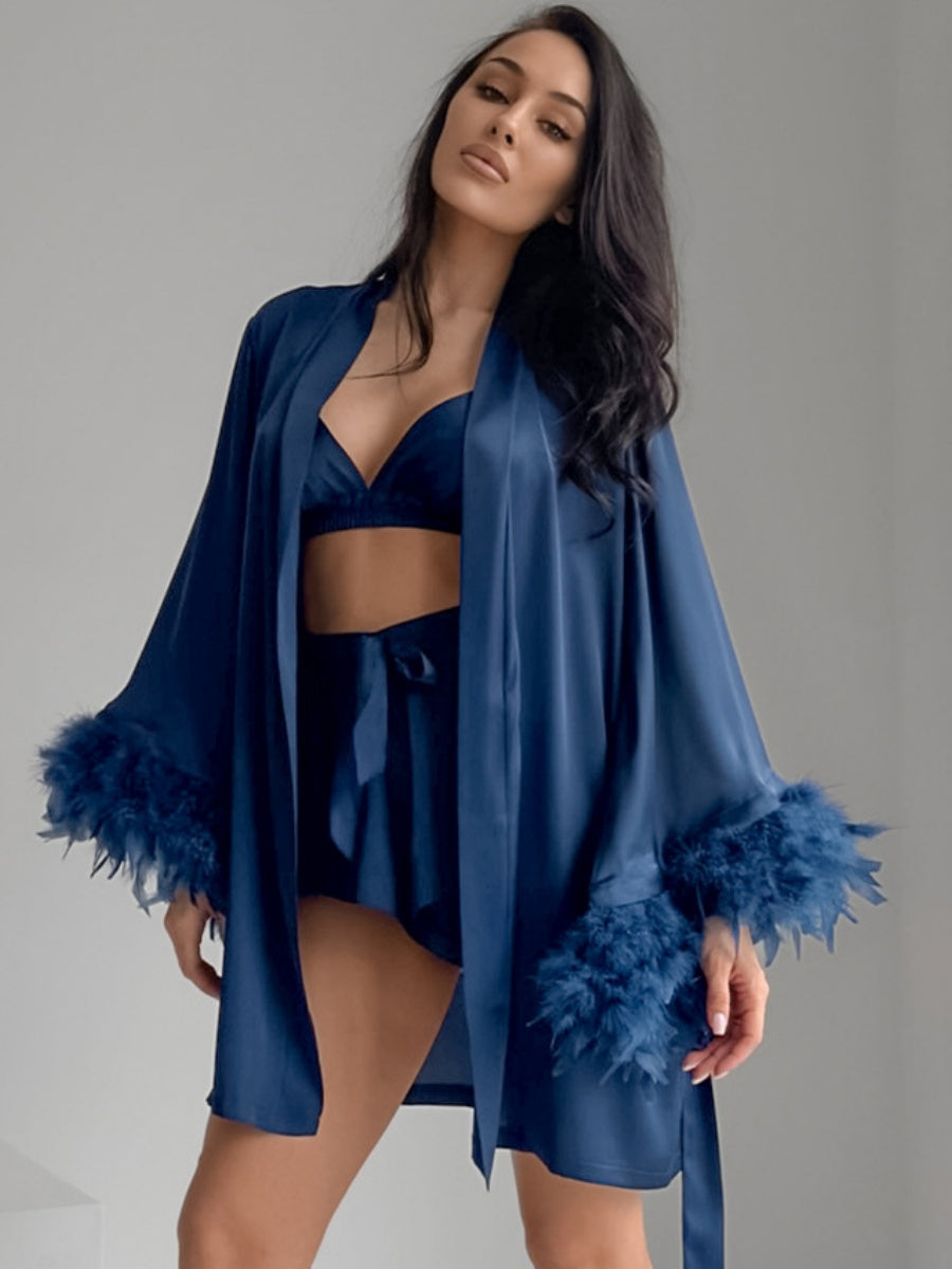 Satin Feather Three-piece Set Of Underwear, Shorts, And Bathrobe Sleepwear