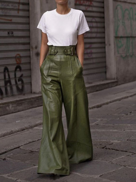 PU Straight-leg Leather Patchwork Trousers