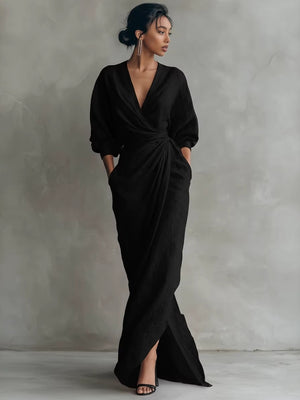 Solid Color V-neck Short-sleeved Zip-up Top And Elastic Waist Pants Two-piece Set