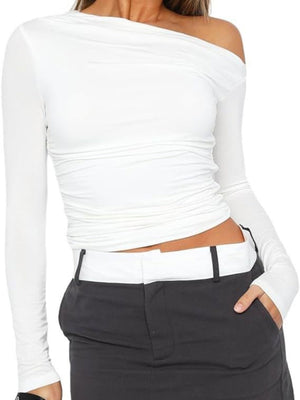 Y2K Asymmetrical Sloping Shoulders Crop Top Long Sleeves T-shirts