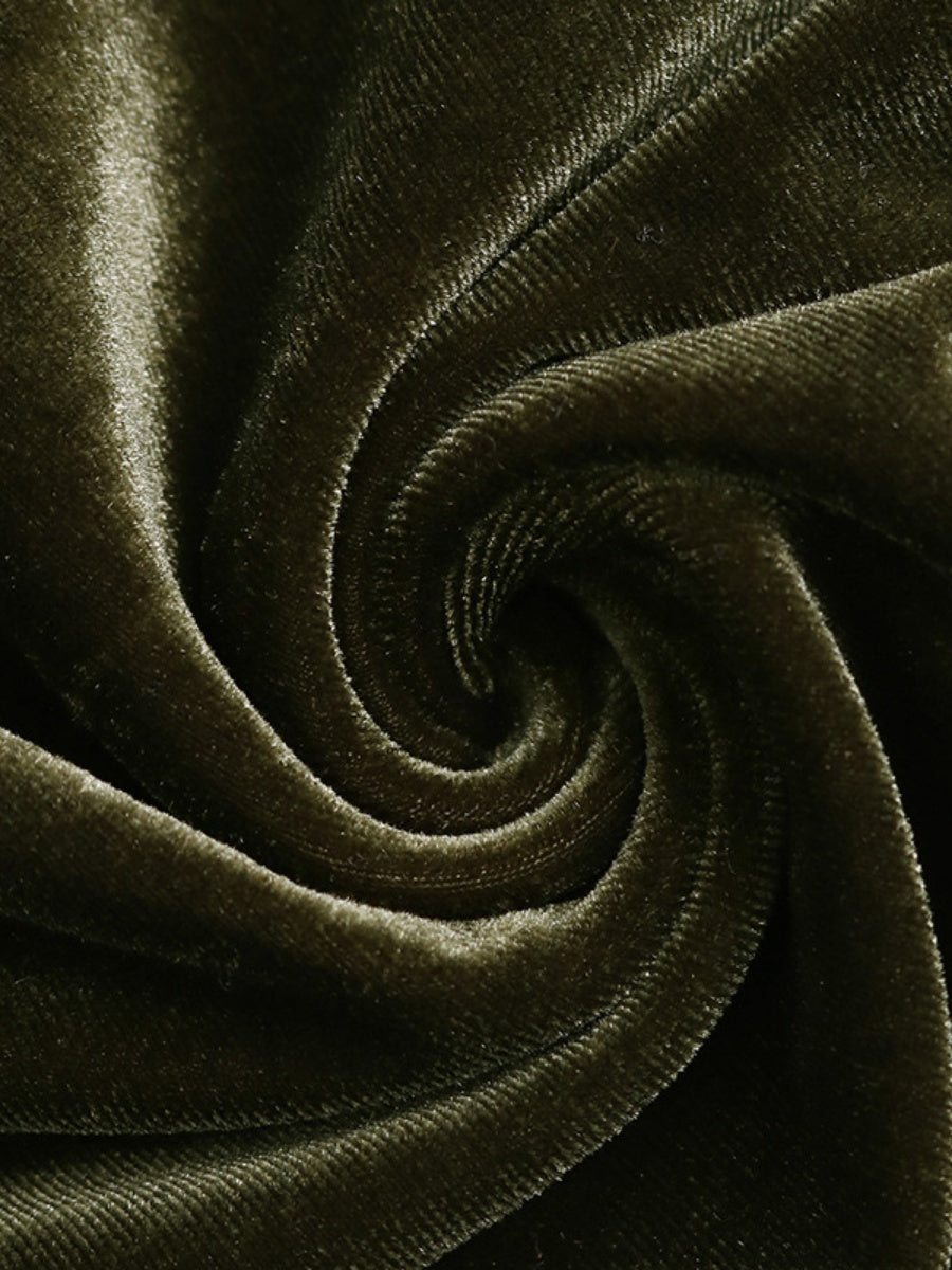 Long-sleeved V-neck Velvet Lace Collar Button Front Slit Formal Evening Midi Dress