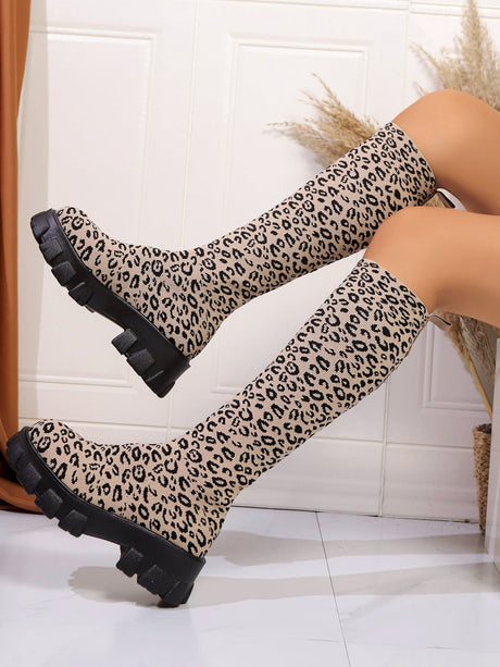 Leopard Print Knee-high Boots, Women's Sock Boots