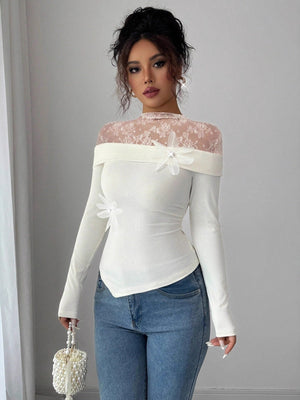 Pullover Lace Stand Collar Splicing T-shirts Pair With Corsage Elegant Mesh/sheer Top