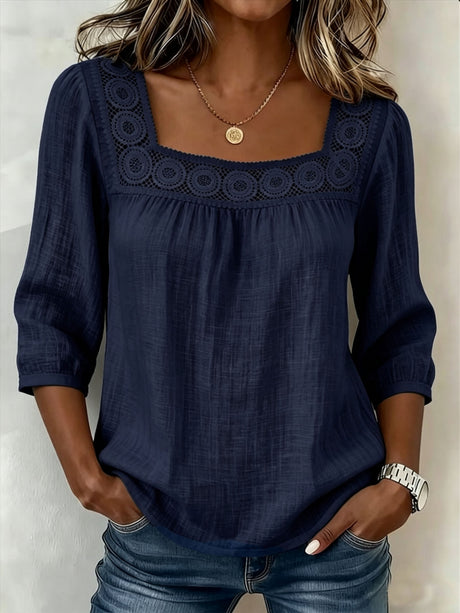 Lace Trim Cotton And Linen Square Neckline And Three-quarter Sleeves T-shirts
