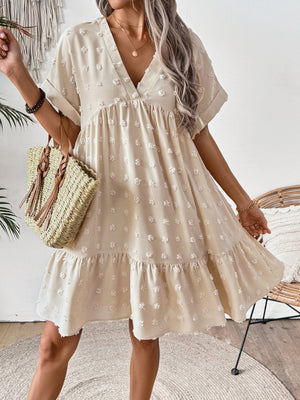 Ruffled Hem V-neck With Rolled-up Sleeves Mini&Short Dresses