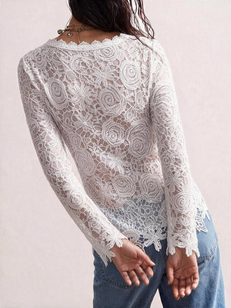 Lace Rose Openwork Round Neck Long Sleeve T-shirts