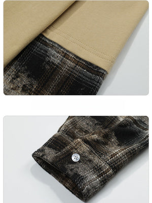 Fake Two Pieces Camouflage Splicing Maillard Style Loose Crew Neck T-shirt