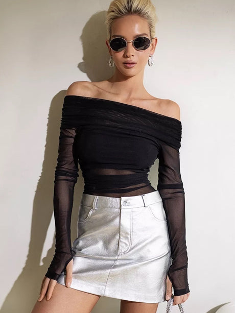One-shoulder Collar Mesh See-through Gathering Bodysuits