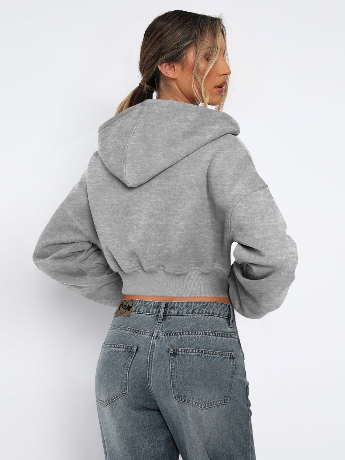 Women's Autumn/Winter Solid Color Zipper Cardigan Long Sleeve Short Hooded Sweatshirt