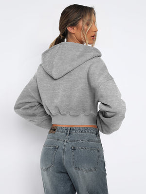 Women's Autumn/Winter Solid Color Zipper Cardigan Long Sleeve Short Hooded Sweatshirt